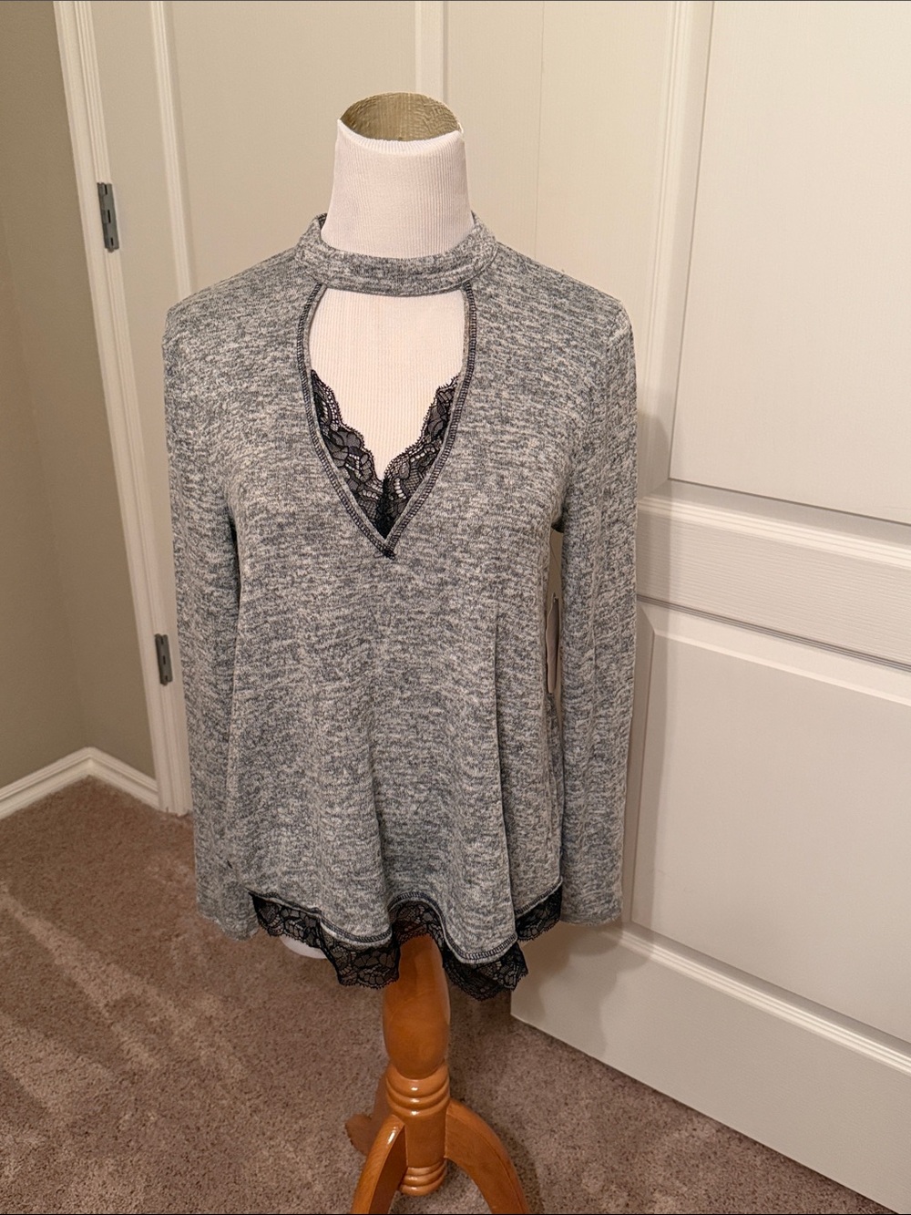 Altar’d State Gray Lace-Trim Long Sleeve Mock Neck Top. Small